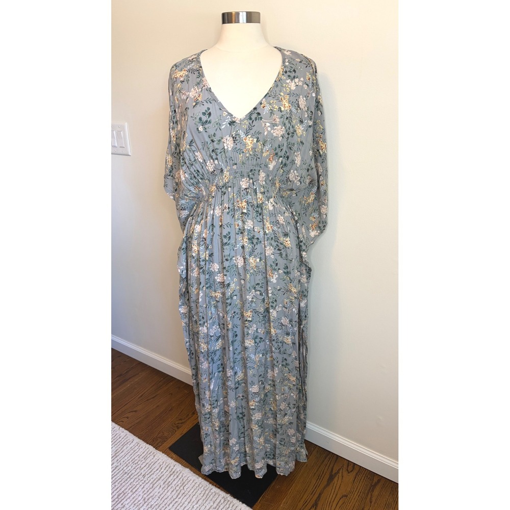 Natural Life Floral Maxi Dress Sage Kaftan Smocked Waist V-Neck M Cottagecore